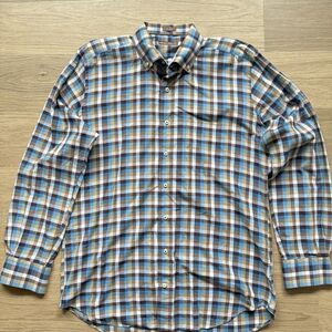 Peter Millar Shirt Men Large Button Up Checks Casual Golf Cotton Brown Blue